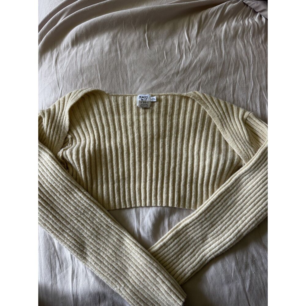 Princess Polly Womens L/XL Cream Ribbed Knit Bolero Shrug Cropped Cardigan Y2K
